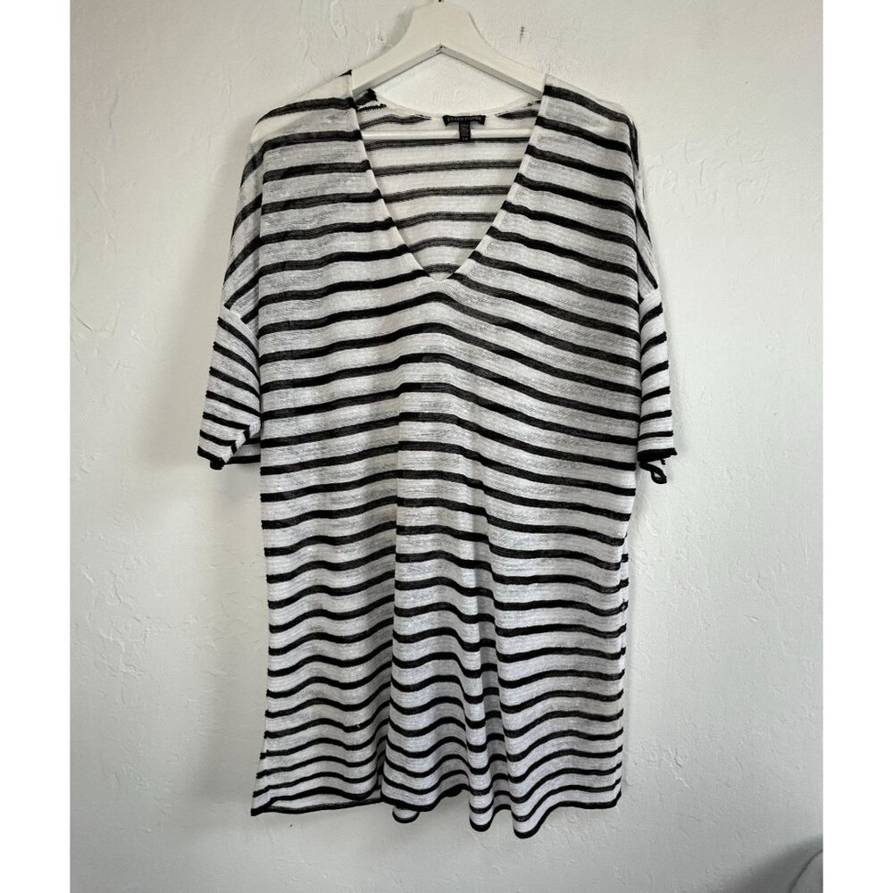 Eileen Fisher Womens Striped V-Neck Organic Linen Blend Tunic Top Large Casual